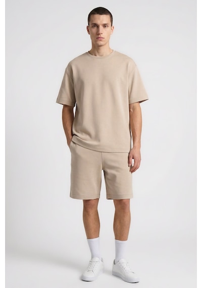 Bej Oversize Fit Basic Erkek Şort Takım - 85292