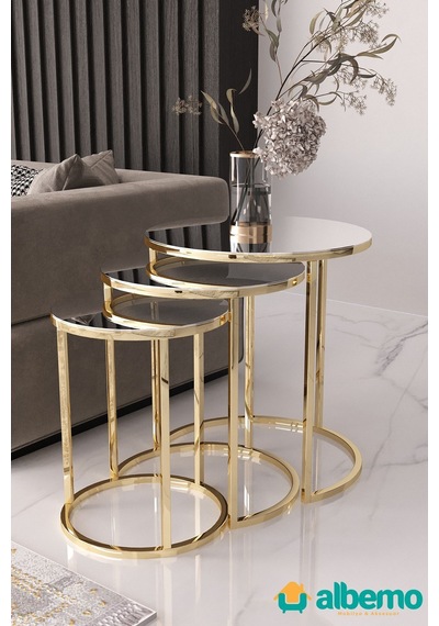 Usta Mekan Gold Metal Gümüş Düz Aynalı 3lü Zigon Sehpa Gold - Gümüş