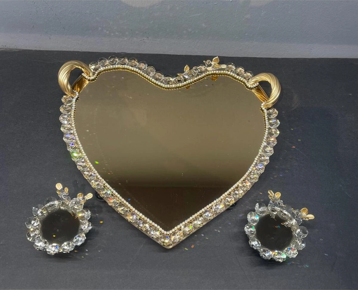 Dekoratif Kristal Cam Ayna Kalp Sunum Tepsisi Gold