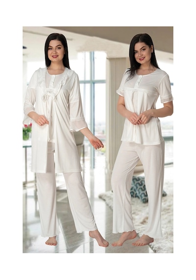 Angbutik Effortt 4074 Kolları Volanlı Sabahlıklı Lohusa Pijama Takımı ekru