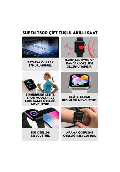 T500 Çift Tuş Akıllı Saat Ios Andorid Destekli Arama Özelliği Sensörlü Smartwatch