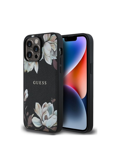 Apple Uyumlu iPhone 14 Pro Max Kılıf Guess Lisanslı M-safe Özellikli Taneli Çiçek Tasarımlı Metal Logolu Siyah