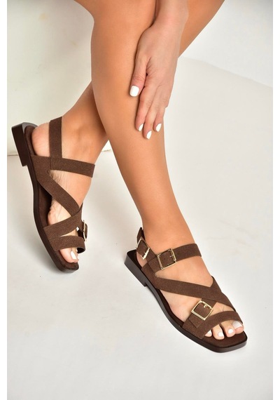 Fox Shoes Y458702602 Kahverengi Süet Toka Detaylı Kadın Sandalet Kahverengi