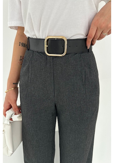Pileli Yüksek Bel Kemerli Kumaş Pantolon Elegant Gri