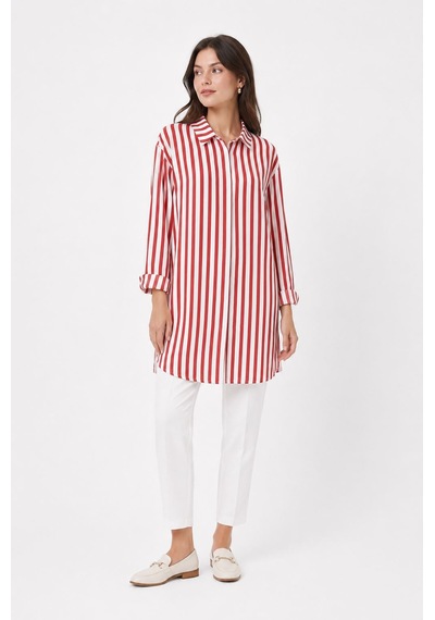 Neden Tekstil Uzun Kollu Kırmızı Beyaz Çizgili Kadın Overshirt Gömlek