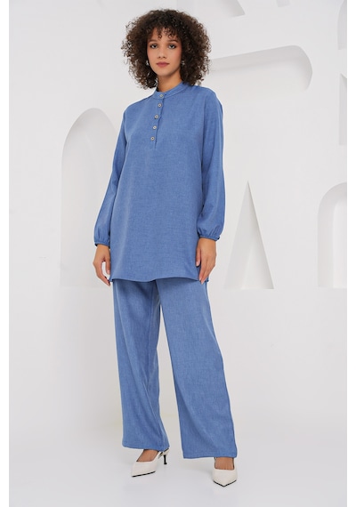 Bigdart 6678 Keten Tunik Pantolon İkili Takım - İndigo