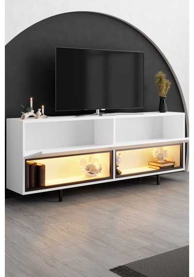 Ekol Siyah Demir Ayaklı Rgb Led Işık Sistemli Beyaz Tv Ünitesi Tv Sehpası M2 Beyaz - Siyah Ekol Siyah Demir Ayaklı Rgb Led Işık Sistemli Beyaz Tv Ünitesi Tv Sehpası M2 Beyaz - Siyah