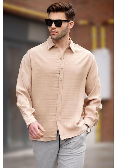 Madmext Bej Uzun Kollu Oversize Erkek Gömlek 6733 Bej