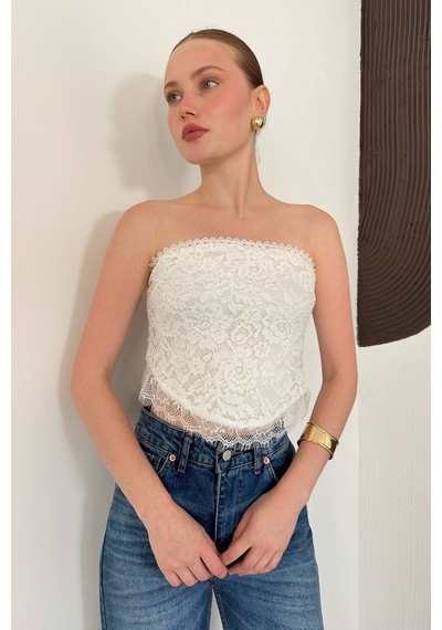 Verymoda Kadın Dantelli Straplez Büstiyer Taş Detaylı Astarlı Şık Bluz D3089 Krem