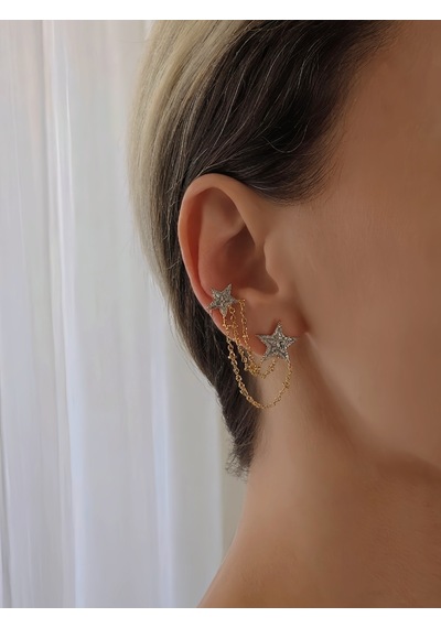 Yıldız Model Zirkon Taşlı Ear Cuff Kıkırdak Küpesi Gold