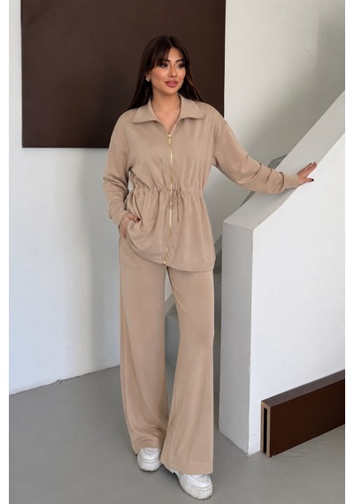 Balenbi Oversize Fermuarlı Beli Bağcıklı Polo Yaka Modal Kadın Takım 1196 - Premium Seri Camel Balenbi Oversize Fermuarlı Beli Bağcıklı Polo Yaka Modal Kadın Takım 1196 - Premium Seri Camel