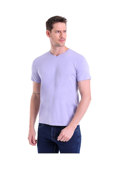 Hatemoğlu Lila Düz Slim Fit 100% Pamuk V Yaka Tişört Lila