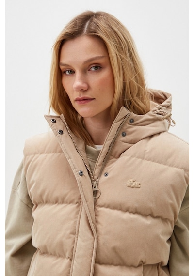 Lacoste Down Fill Water Resistant Womens Vest Kadın Su İtici Sabit Kapüşonlu Kaz Tüyü Yelek Bej