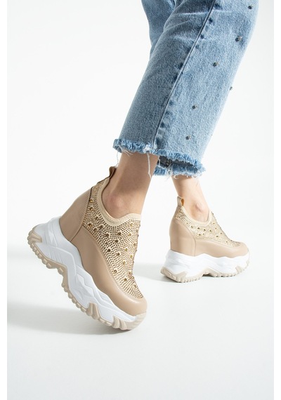 Dabab Shoes Olıvıa Bej Taş Detaylı 10 Cm Gizli Topuk Platform Slip-on Sneaker Ayakkabı