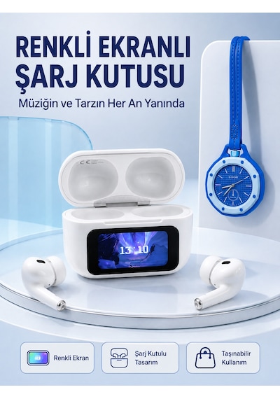 Dokunmatik Kablosuz Kulaklık + Mavi Askılı Analog Charm Saat İkili Set Altın