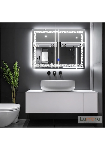 Gleamira Beyaz Led'li Lazer Kumlamalı Lavabo & Banyo Aynası Dokunmatik Sensörlü 100 X 75 Cm