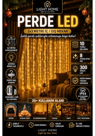 Light Home 3x3 Metre 300 Led Usb Kumandalı Perde Led Sarı Gün Işığı