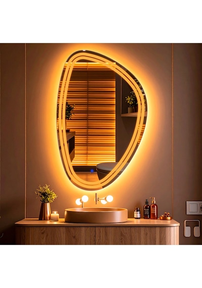 Elan Asym Amber Led'li Kumlamalı Lavabo & Banyo Aynası Dokunmatik Sensörlü 100 X 65 Cm Turuncu