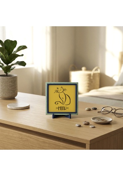 Kedi Ve Meow Tasarımlı Modern Dekoratif Obje, Sevdiklerinize Neşe Değeri Yüksek, Şık Armağan 10x10cm