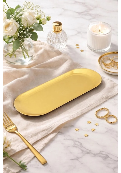 2 Kişilik Lüks Gold Metal Sunumluk Tepsi Oval Sunum Servis Tepsisi 23cm Altın - Gold