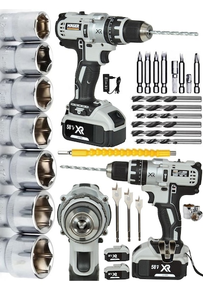 Mager Alman Metal Şanzıman 58 Watt 8 Ah Li-ıon Bataryalı Çift Akülü Vidalama Darbeli Şarjlı Matkap