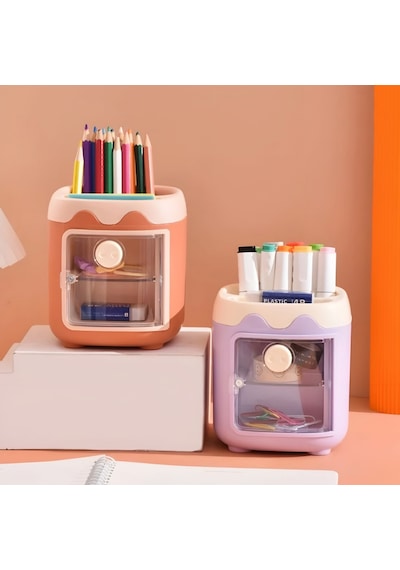Sevimli Masaüstü Kalemlik Kawaii Kapaklı Mini Dolaplı Kalemlik - Turuncu Turuncu