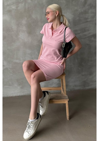 Madmext Pembe Düğmeli Polo Yaka Kadın Elbise Mg2305 Pembe