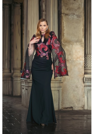 Crystalia Lauren Dress Krep Ve Jakar Kumaş Özel Tasarım - Siyah Siyah