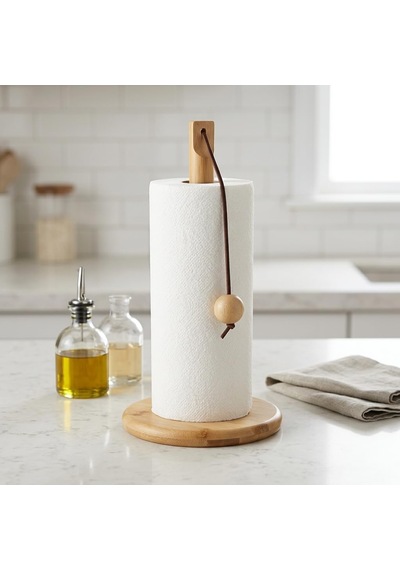 Doğal Bambu Bohem Top Tutacaklı Kağıt Havluluk - Dekoratif Ahşap Stand 30x14 Cm, Kahve Ve Bambu Renk Seçenekli, 1 Adet Doğal Diğer