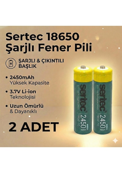 Sertec 18650 1c Şarjlı Pil 2450mah Çıkıntılı Başlıklı Fener Pili 3.7v Li-ion 2li