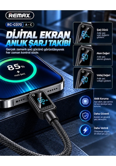 Remax Suxien Serisi Rc-c070-s 66w Akıllı Dijital Ekranlı Usb-a To Type-c Hızlı Şarj Ve Data Kablosu 1.2 Metre Siyah