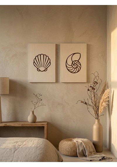 Maris Relief 2'li Duvar Sanatı Seti - Modern Minimalist Deniz Kabuğu Motifli Kazıma Tablo