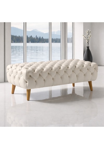 Smarto Relax Swiss Style Puf Adelboden Kapitone Puf,baby Face Polyester Kaplama,ahşap Ayaklı 100 X 50 X45 Cm Kapitone Puf,ayaklı Bej