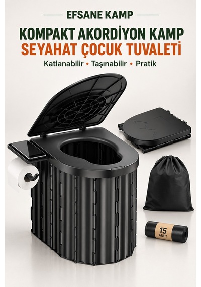 Efsane Kamp - Kompakt Akordiyon Kamp Tuvaleti Seyahat Çocuk Tuvaleti - 15 Çöp Torbası Hediyeli - Telefon Ve Tuva Siyah