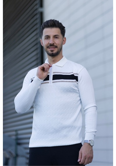 Hk Premium Kazak Polo Yaka Fermuarlı Şerit Detaylı Triko Beyaz