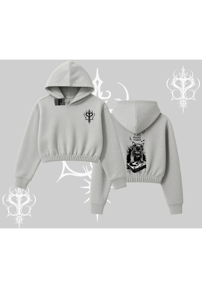 Dj Kedi Baskılı Müzik Temalı Kapşonlu Crop Sweatshirt Gri