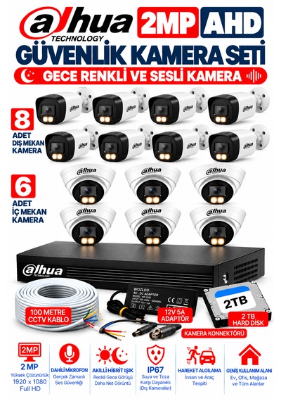 14'lü 2mp Ahd Full Color Renkli Gece Görüş Sesli Kamera Seti