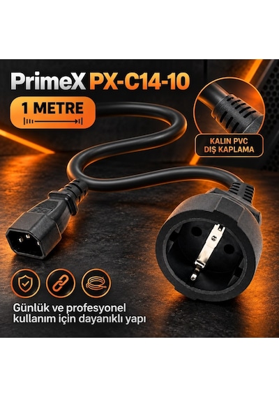 Primex Px-c14-10 Schuko, 1 Metre 3x1.5mm Ups/psu Schuko Çevirici Kablo, Ups Priz Çevirici 3x1.5mm Kalın Kablo, Kısa Schuko Kablo Full Bakır