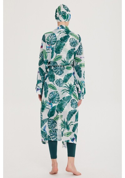 Remsa Mayo Remsa Tesettür Mayo Üzerine Tek Kaftan Kimono Pareo Rp017 Yeşil Yapraklar Yeşil