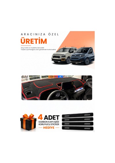 Cıtroen Berlıngo K9 2018-2026 Uyumlu Torpido Koruma Örtüsü Oto Kılıfı - Siyah Kırmızı