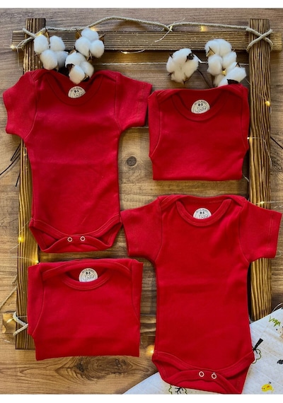 Betül Bebek Kısa Kollu 4'lü Organik Pamuk Çıtçıtlı Bebek Body & Zıbın 4 Adet Kırmızı Kiremit