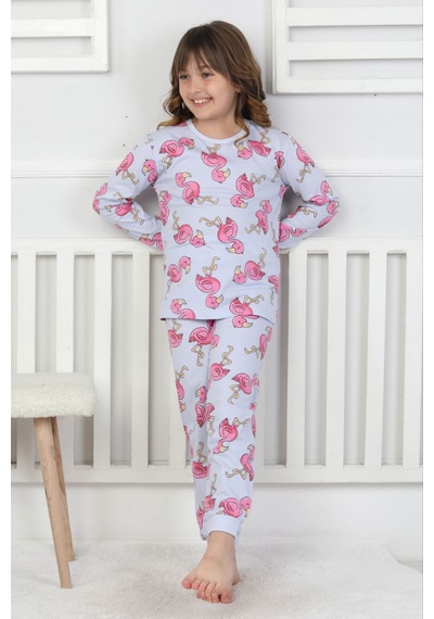 Fidekids Kız Çocuk Flamingo Desen %100pamuklu Pijama Takımı Açık Mavi - Pembe