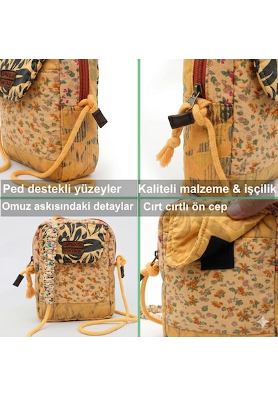Cappadocia Vintage Kadın Çiçek Desenli Omuz Çantası - Bohem Tarz Mini El Ve Telefon Çantası Kavuniçi