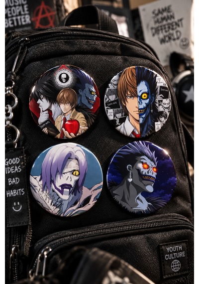 Death Note 58mm 4'lü Rozet Seti 2 Light Yagami L Ryuk Anime Çanta Mont Ceket Rozeti Çok Renkli
