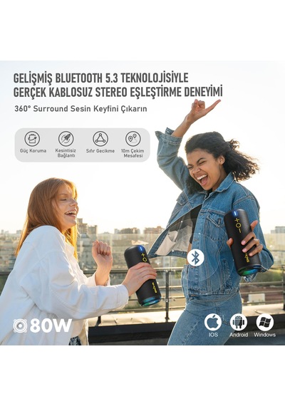 W-kıng D320 Bluetooth Hoparlör, 40w 360 Surround Boombox, 24 Saate Varan Çalma Süresi, Ip67, Kablos