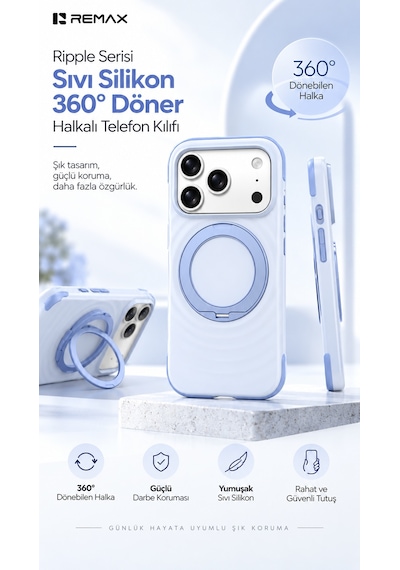 Remax Ripple Series İphone 17 Pro Uyumlu Likit Silikon Kılıf - 360 Döner Standlı Rmc-5 - Mavi