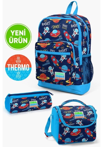 Coral High Kids Lacivert Mavi Uzay Desenli 3'lü Okul Çanta Seti Goset0123470