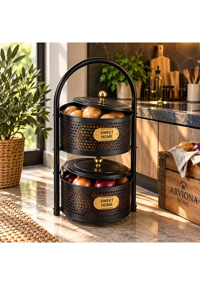 Arvıona Home 2 Katlı Kapaklı Metal Sebzelik Patates Soğan Saklama Sepeti Siyah Gold