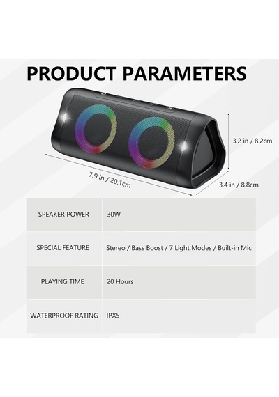 Işıklı Bluetooth Hoparlör, 30w Stereo Ses, Bass Boost, Ipx5 Su Geçirmez, 20h Çalma Süresi, Dahili Mikrofonlu Taş