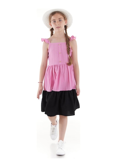 Ahengim Kız Çocuk Düğmeli Şapkalı Yazlık Elbise Ak2516 Pembe
